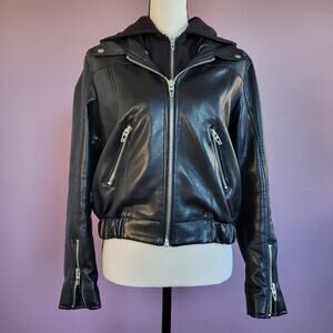 Blank NYC Faux Leather Detachable Hoodie Lined Semi-Cropped Motorcycle Jacket